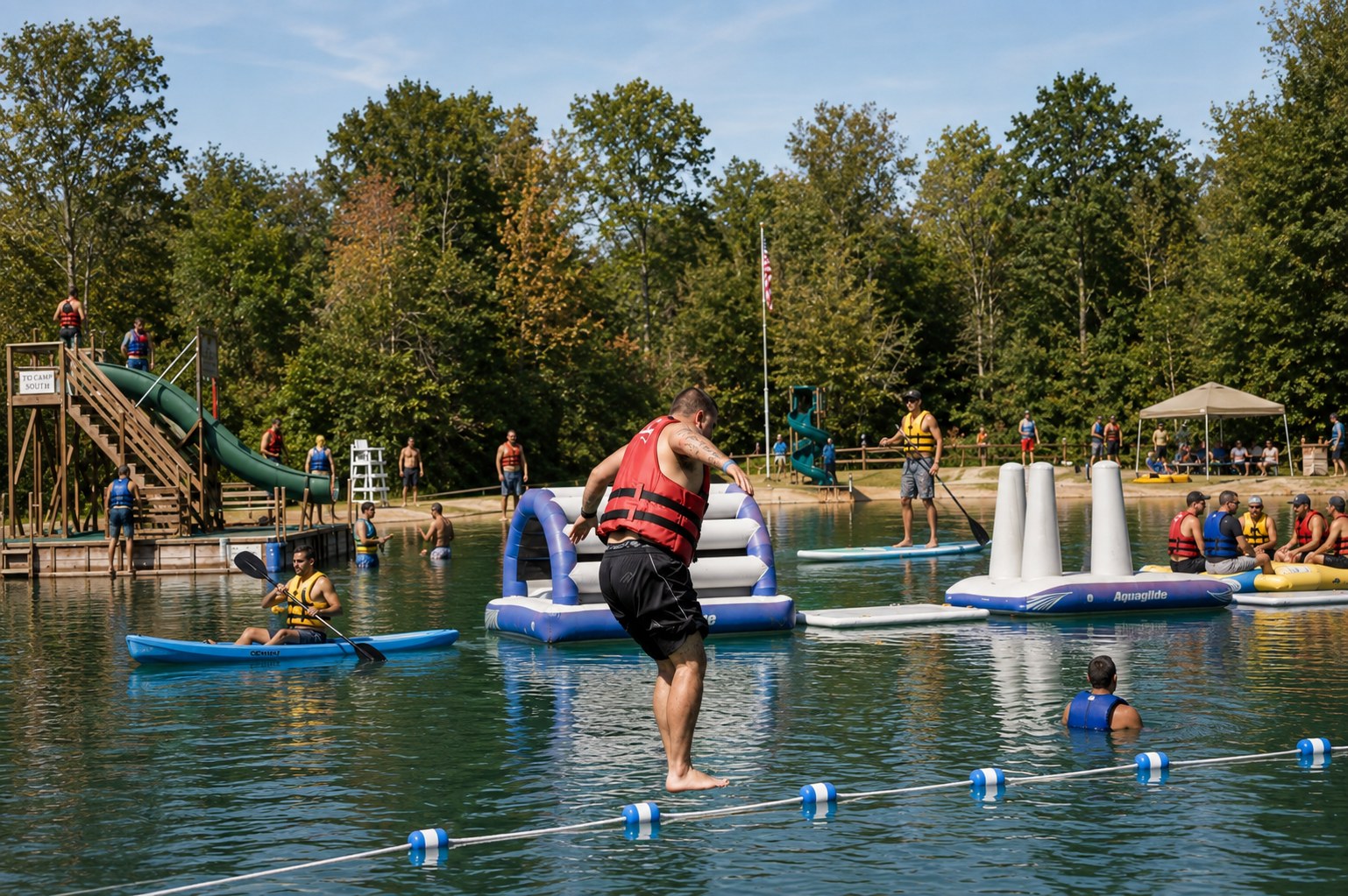 Men enjoying water activities at the camp lake