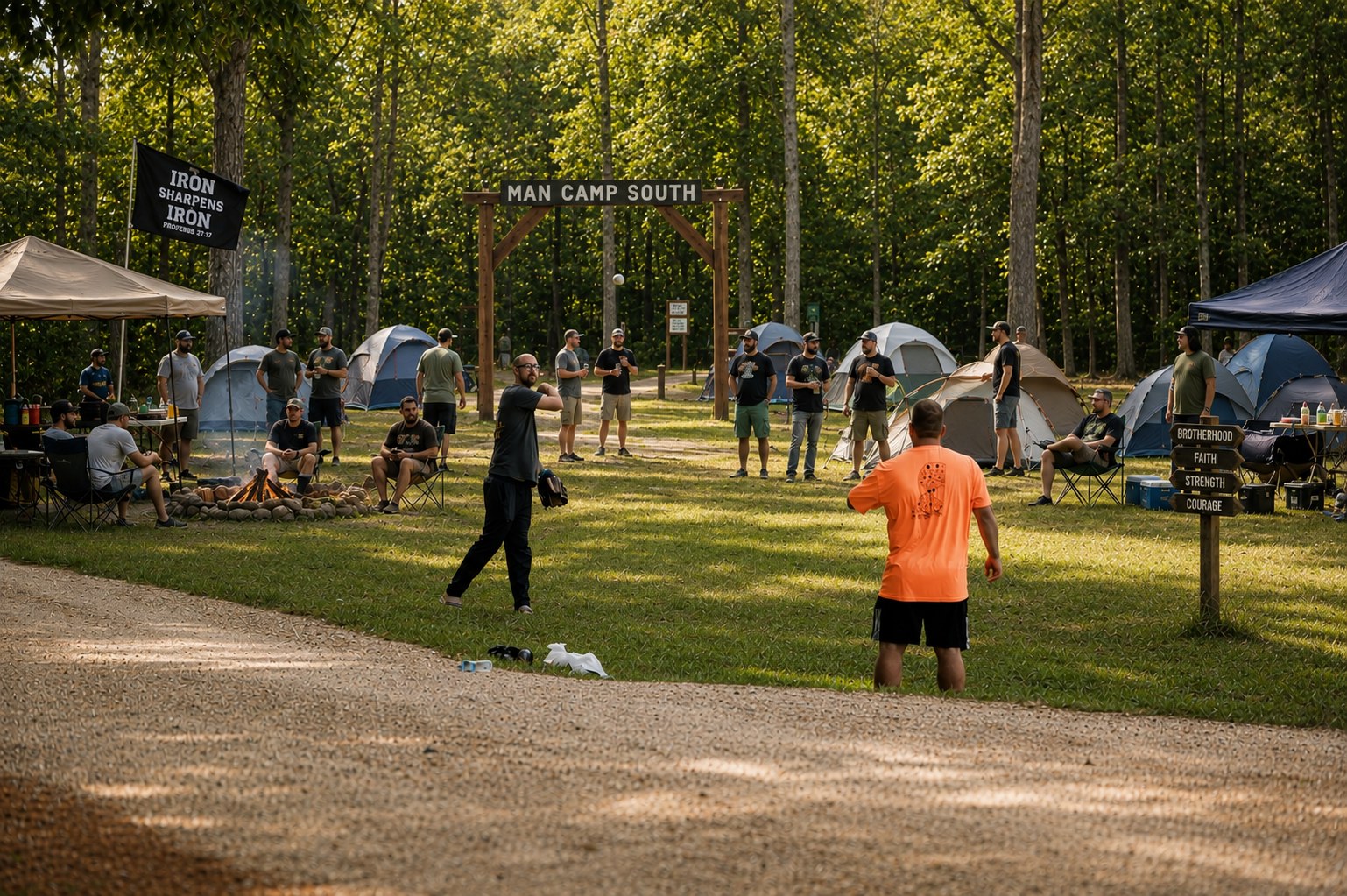 Men gathered for a campsite game at Man Camp South