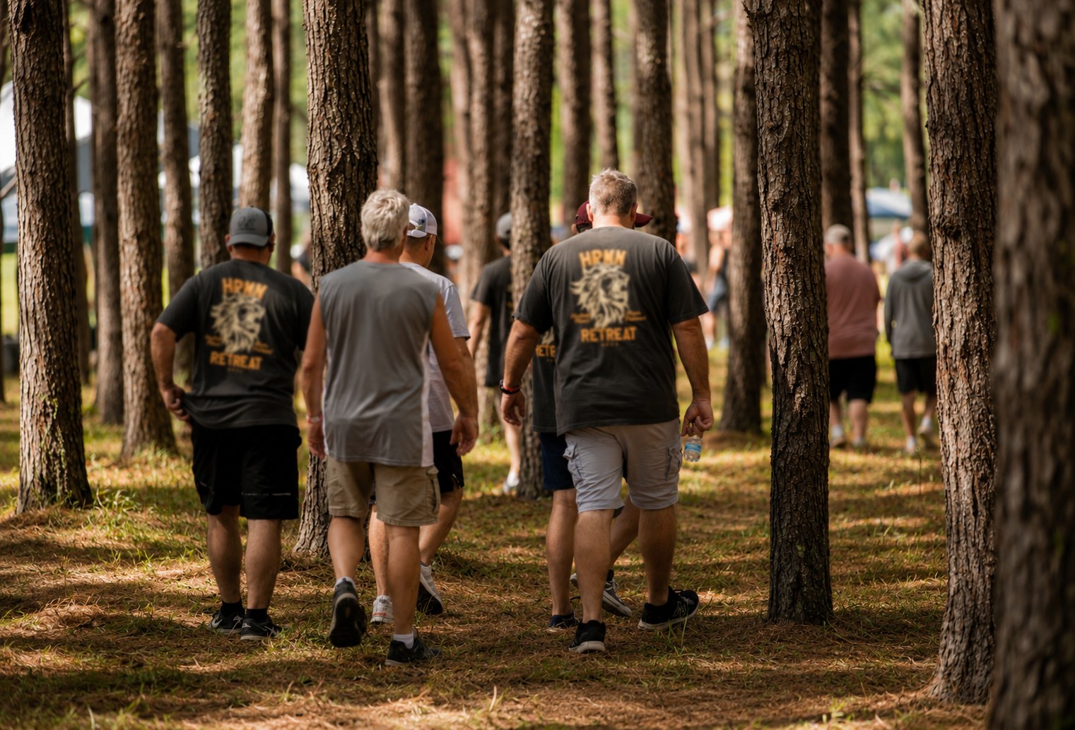 Men walking together through the pine woods